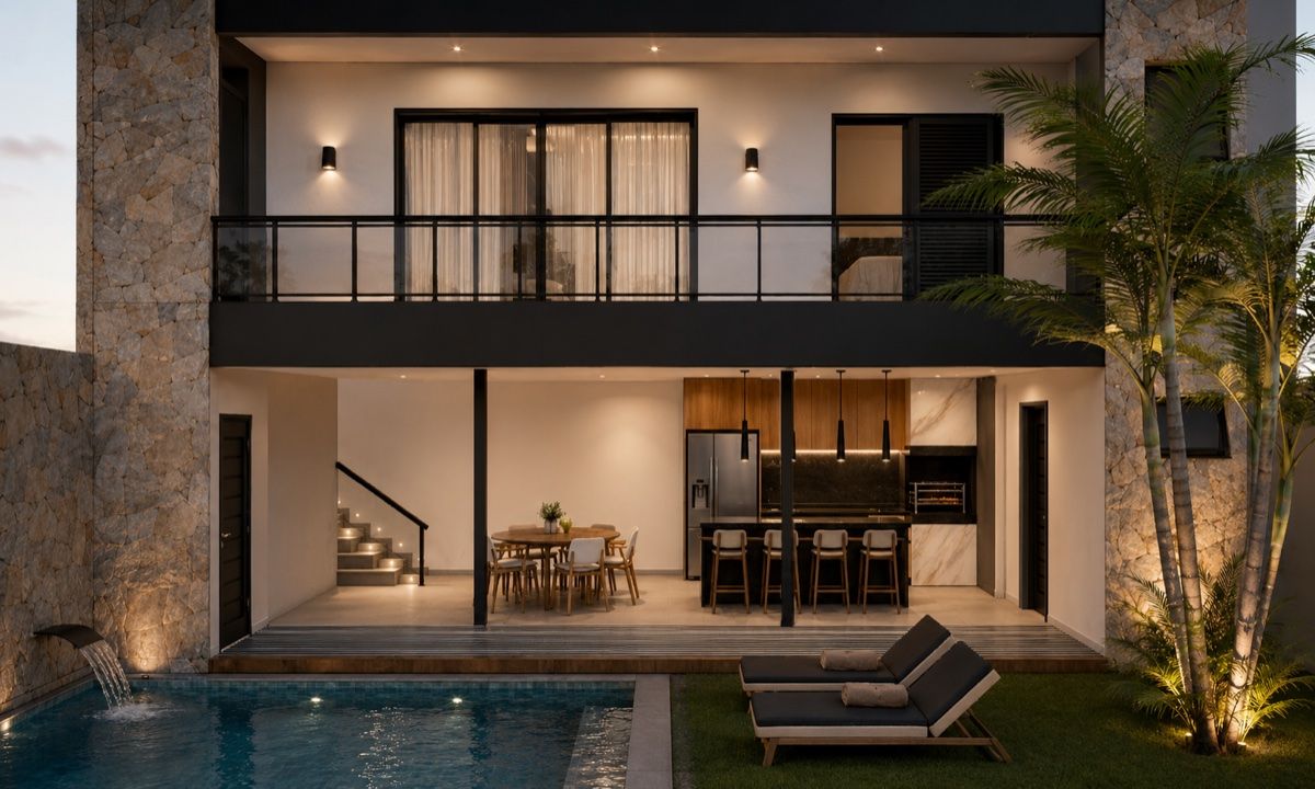 Sobrado com piscina e área gourmet iluminados ao anoitecer