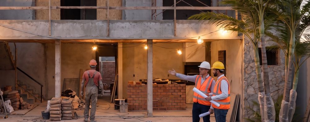 Engenheiros e mestre de obras de capacete conversando na obra