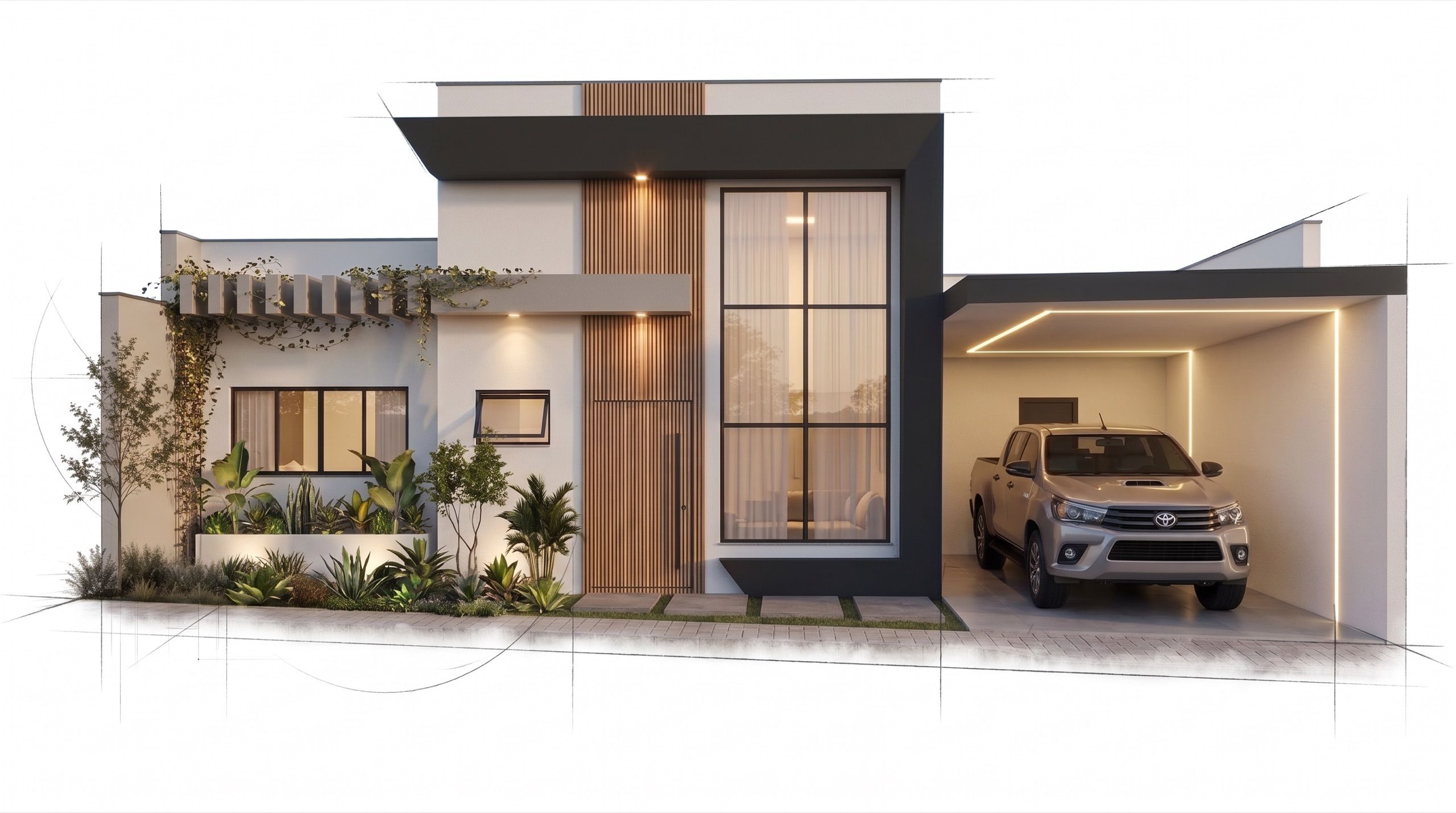 Fachada de casa térrea moderna com ripado de madeira e garagem