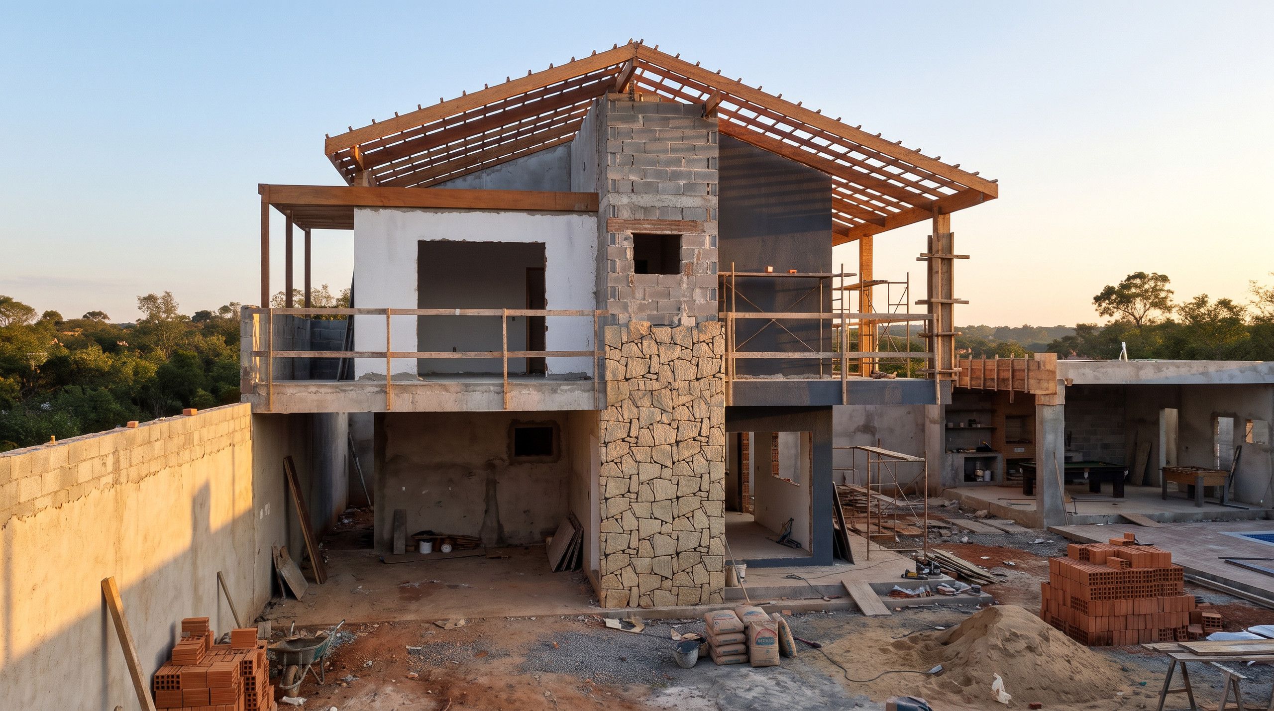 Sobrado em construção, com coluna de pedra e estrutura de madeira do telhado